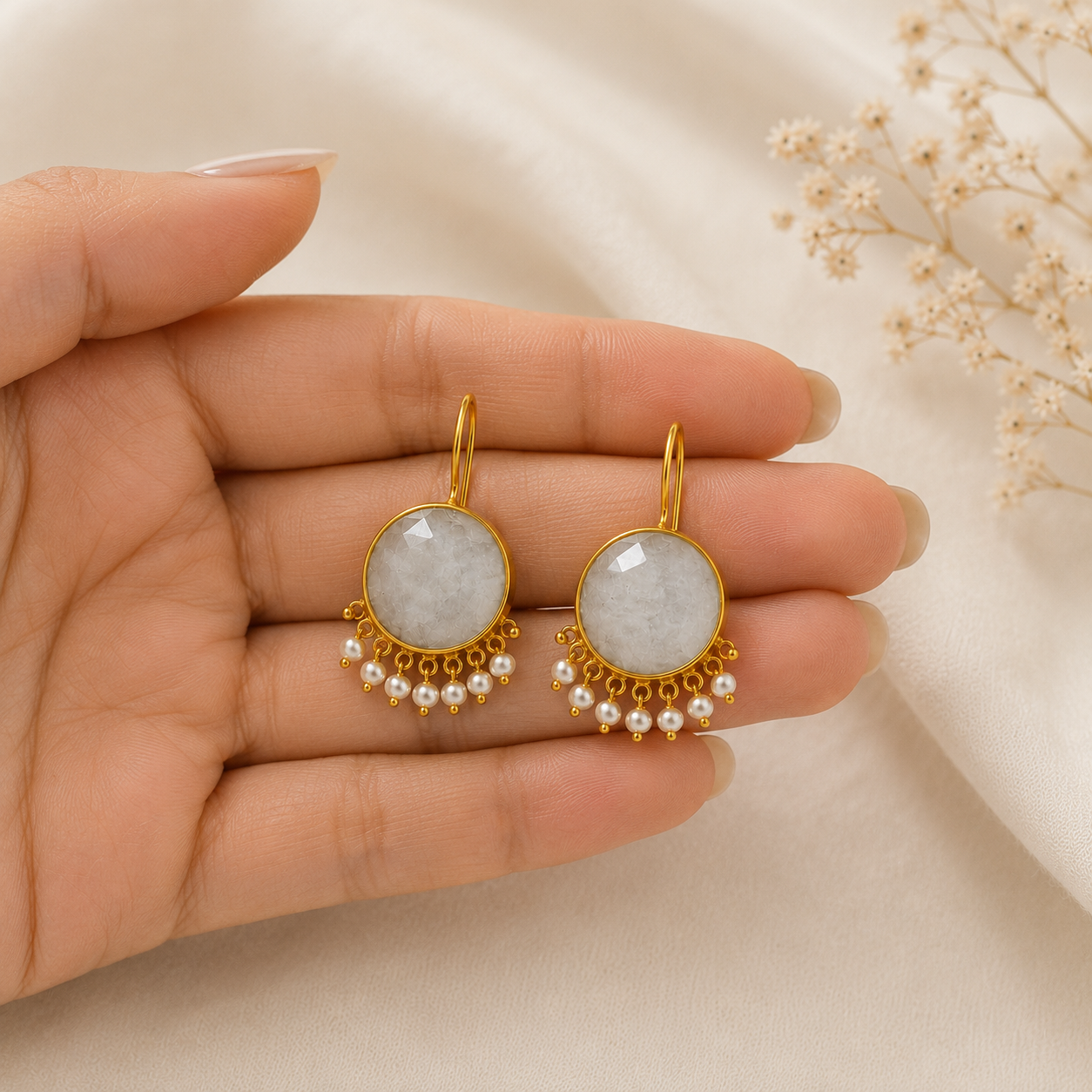 Radiant Sunburst Statement Drops – Gold Plated Solar Quartz & Pearl Fringe Earrings