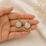 Radiant Sunburst Statement Drops – Gold Plated Solar Quartz & Pearl Fringe Earrings