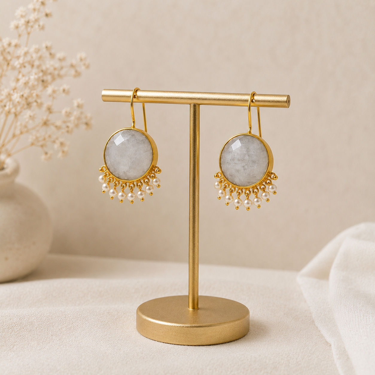 Radiant Sunburst Statement Drops – Gold Plated Solar Quartz & Pearl Fringe Earrings