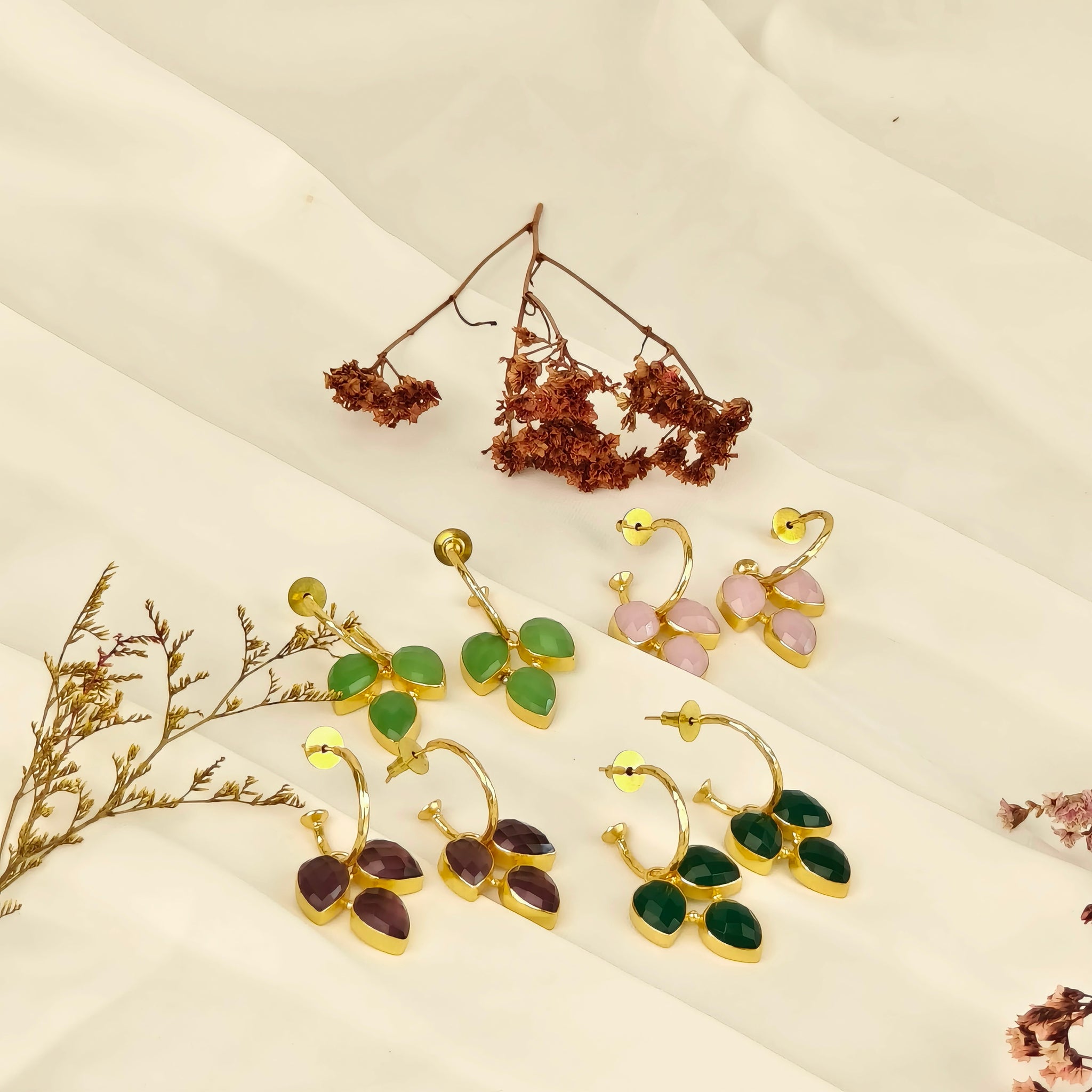 Blushing Clover Hoop Earrings – Faceted Gemstone Botanical Charms