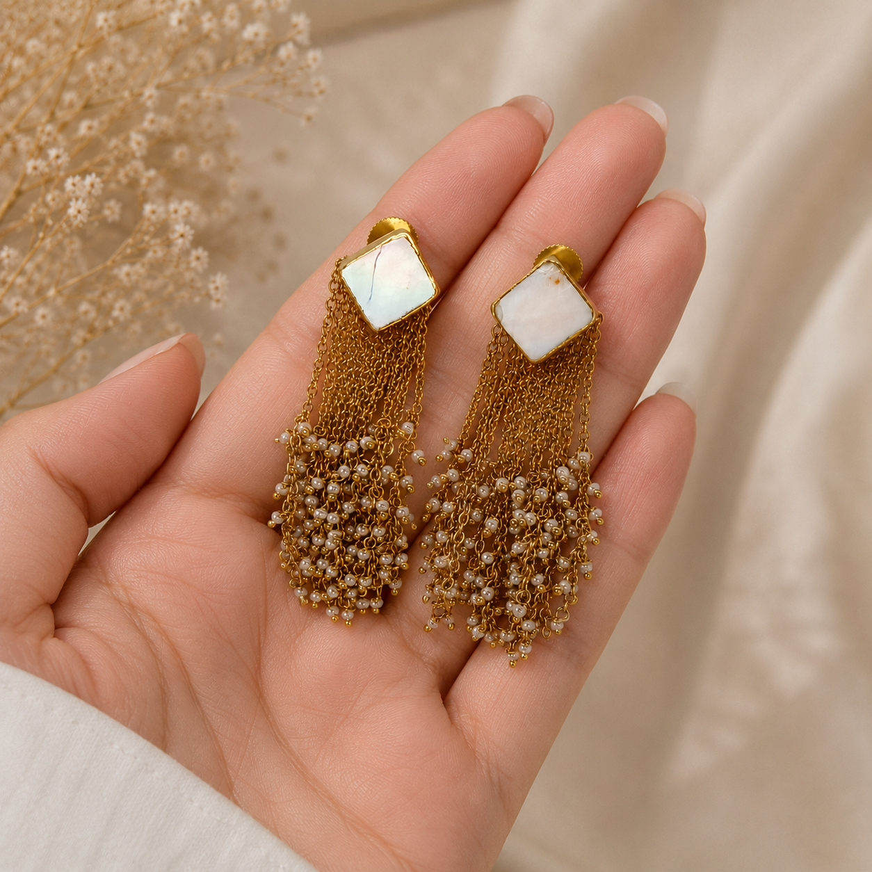 The Mother of Pearl Cascade Drops – Gold Plated Fluid Seed Pearl Tassel Earrings