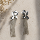 Silver Majestic Botanical Tassel Earrings – Brushed Rhodium Leaf & Fringe Drop Earrings