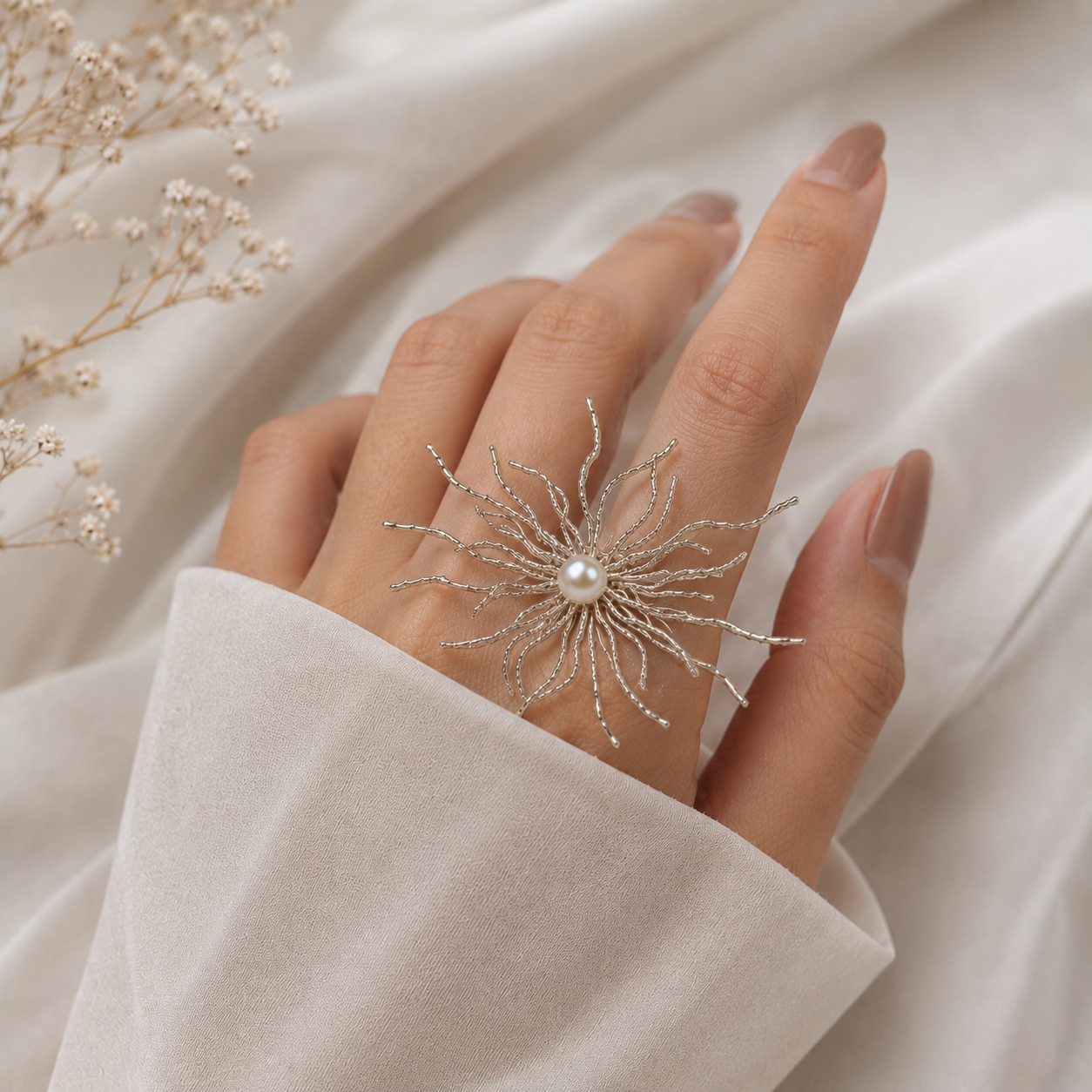 Supernova Pearl Starburst Ring – Silver Plated Textured Statement Ring