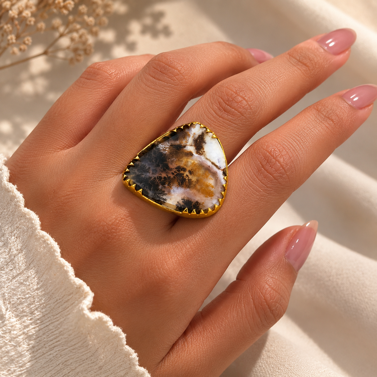 Eclipse Nebula Statement Ring – Gold Plated Cocktail Ring with Organic Scenic Dendritic Agate