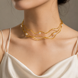 Ocean Wave Pearl Choker – Gold Plated Textured Wavy Wire Necklace