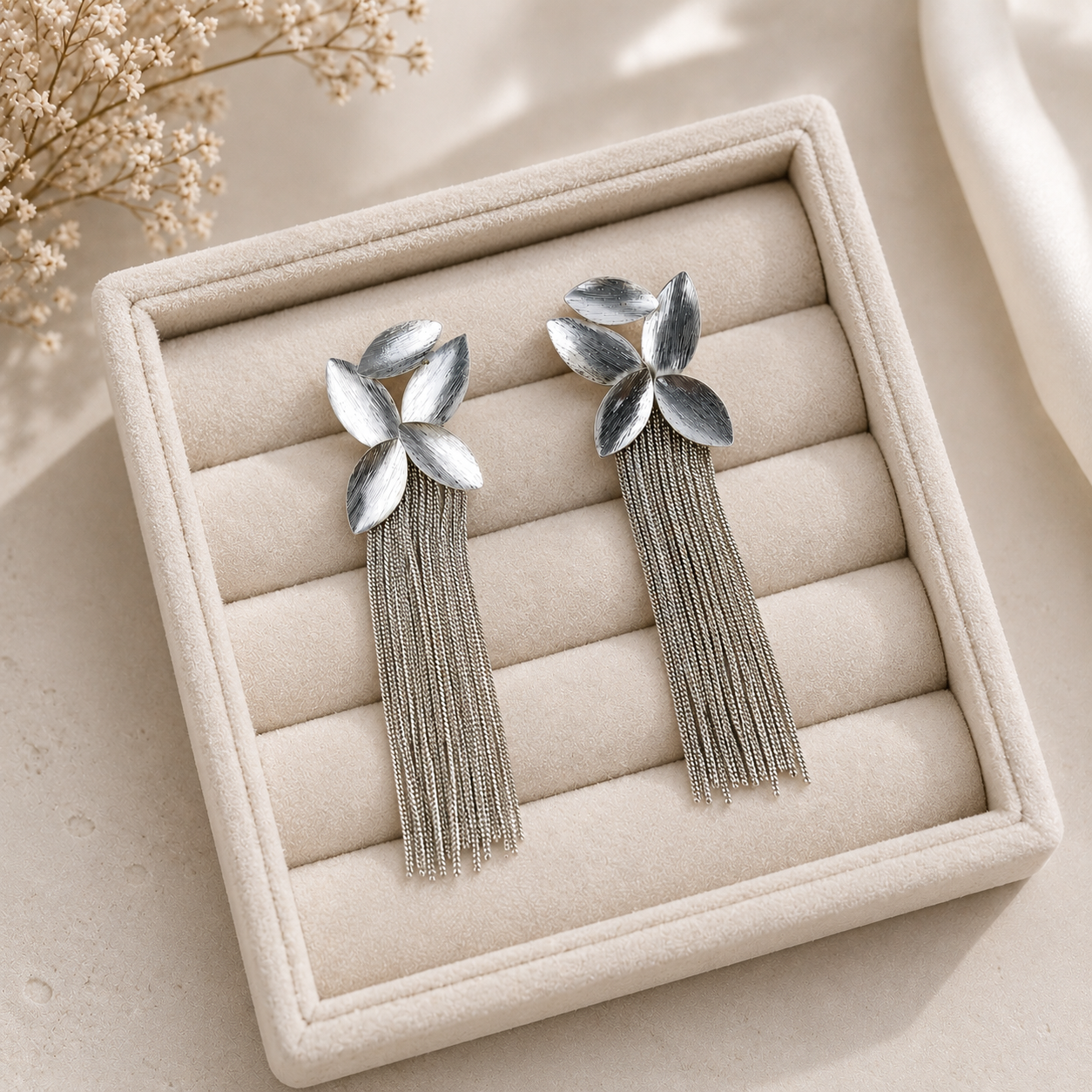Silver Majestic Botanical Tassel Earrings – Brushed Rhodium Leaf & Fringe Drop Earrings