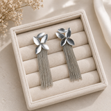 Silver Majestic Botanical Tassel Earrings – Brushed Rhodium Leaf & Fringe Drop Earrings