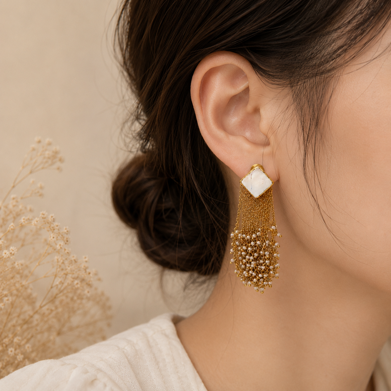 The Mother of Pearl Cascade Drops – Gold Plated Fluid Seed Pearl Tassel Earrings