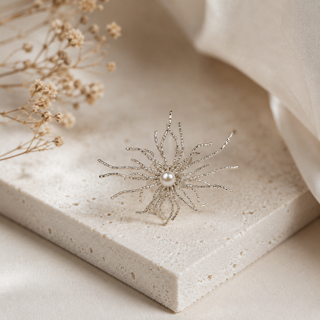 Supernova Pearl Starburst Ring – Silver Plated Textured Statement Ring