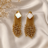 The Mother of Pearl Cascade Drops – Gold Plated Fluid Seed Pearl Tassel Earrings