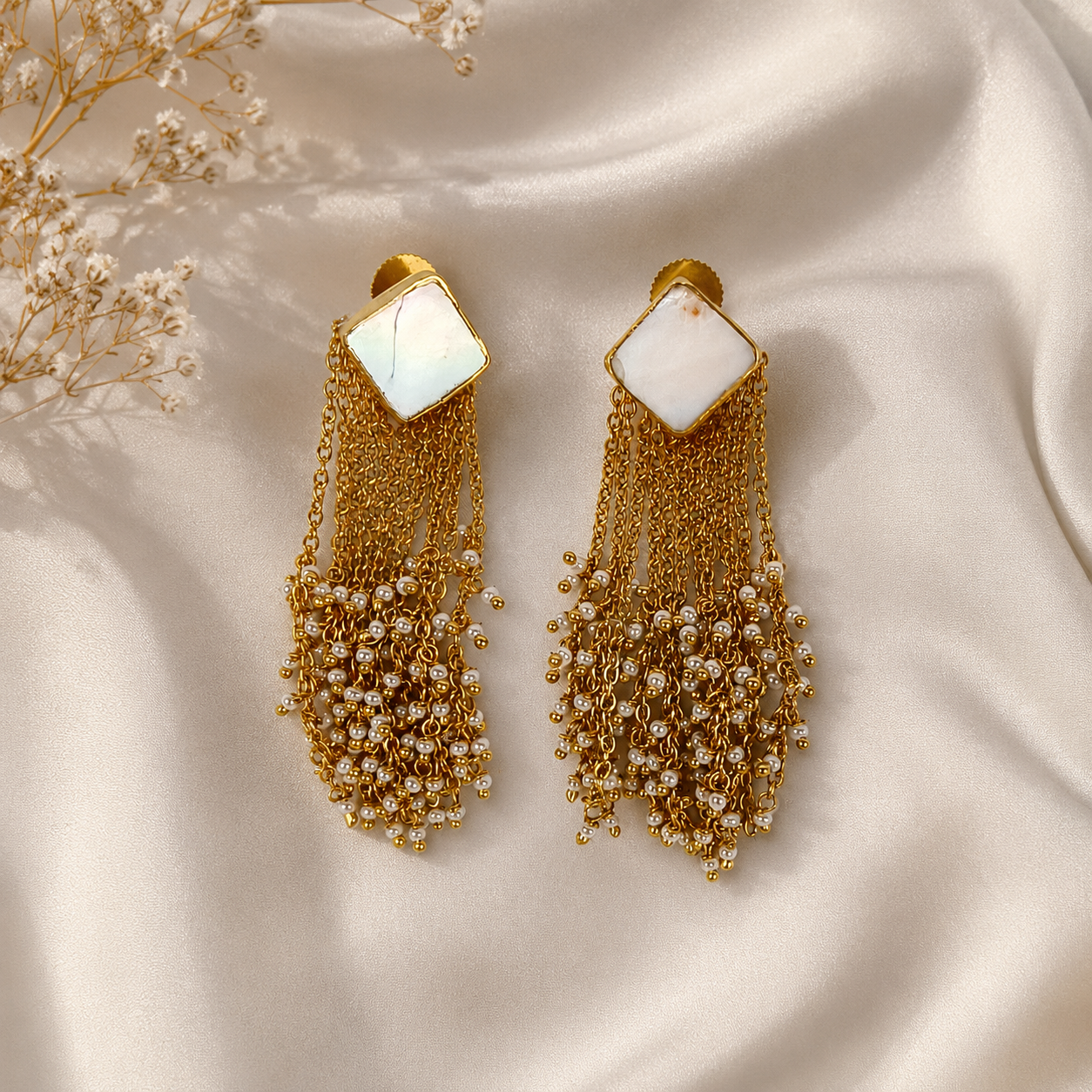 The Mother of Pearl Cascade Drops – Gold Plated Fluid Seed Pearl Tassel Earrings