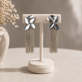 Silver Majestic Botanical Tassel Earrings – Brushed Rhodium Leaf & Fringe Drop Earrings