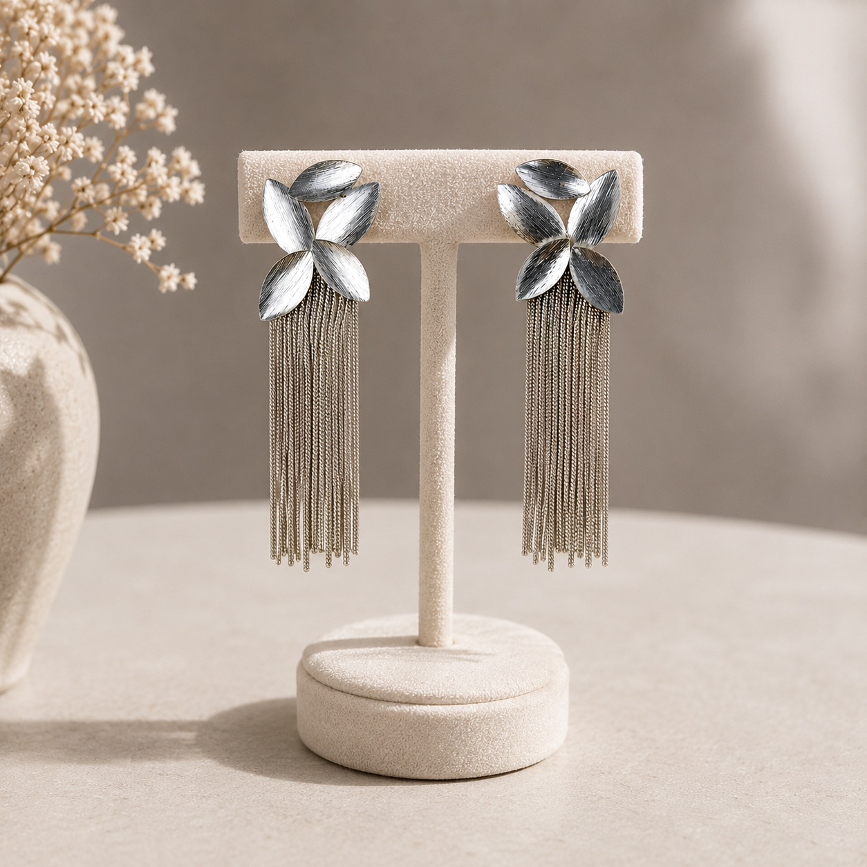 Silver Majestic Botanical Tassel Earrings – Brushed Rhodium Leaf & Fringe Drop Earrings