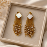 The Mother of Pearl Cascade Drops – Gold Plated Fluid Seed Pearl Tassel Earrings