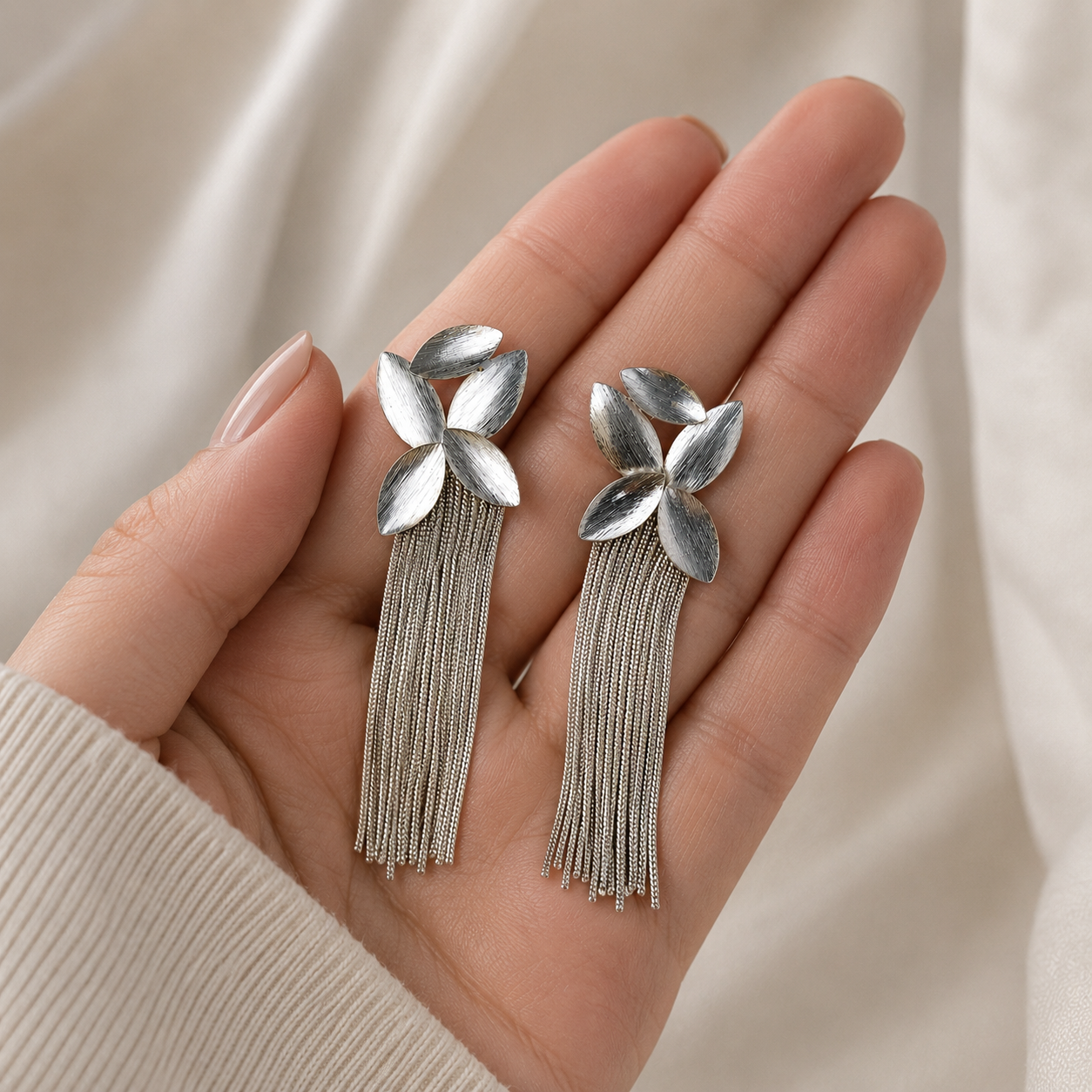 Silver Majestic Botanical Tassel Earrings – Brushed Rhodium Leaf & Fringe Drop Earrings