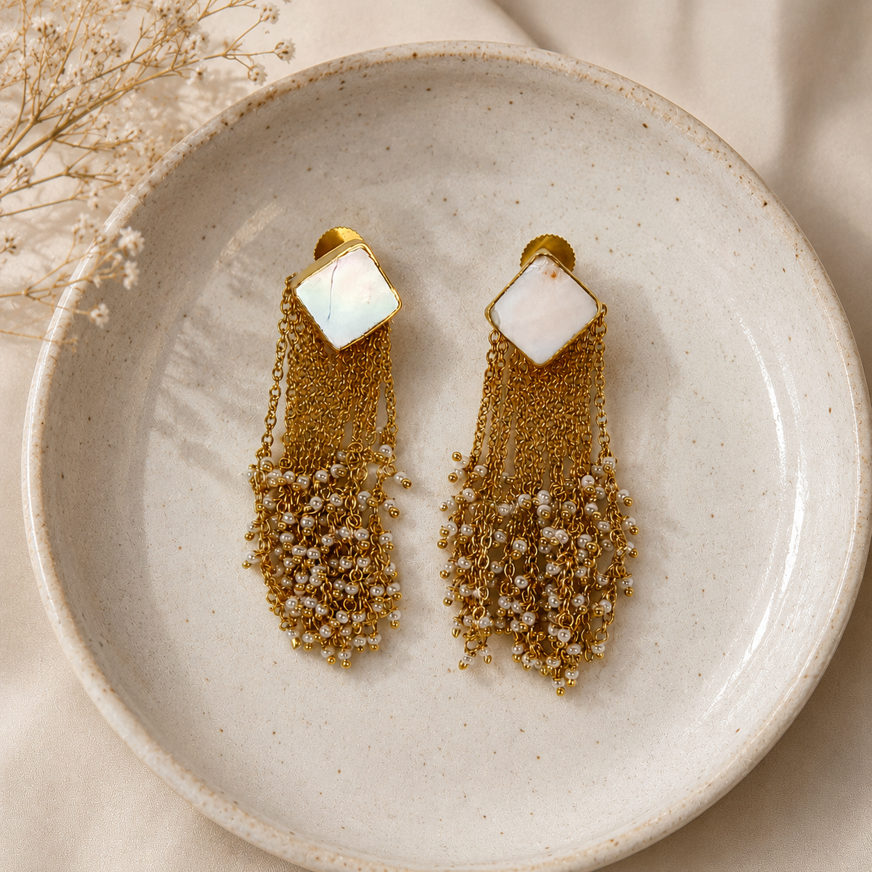 The Mother of Pearl Cascade Drops – Gold Plated Fluid Seed Pearl Tassel Earrings