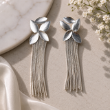 Silver Majestic Botanical Tassel Earrings – Brushed Rhodium Leaf & Fringe Drop Earrings