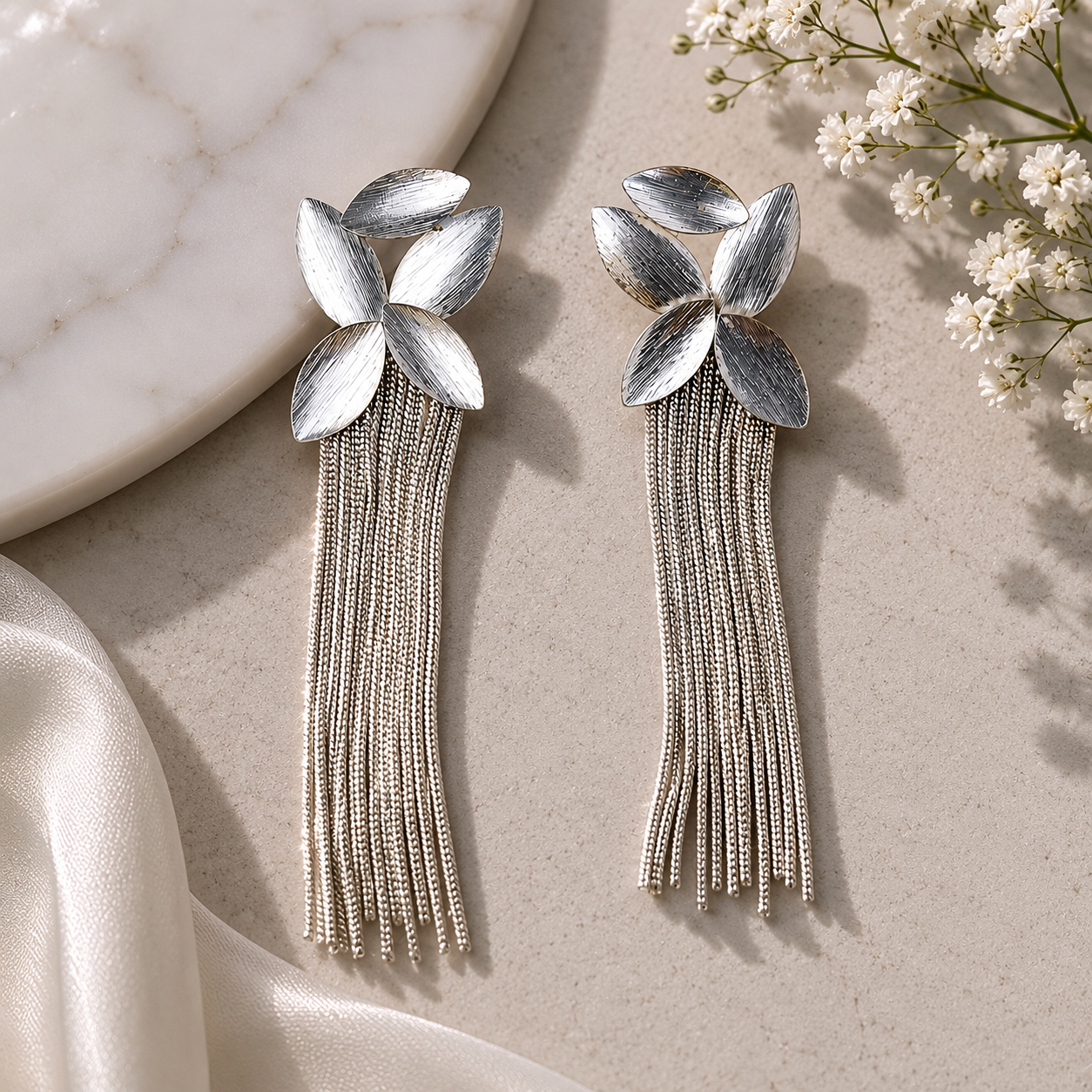 Silver Majestic Botanical Tassel Earrings – Brushed Rhodium Leaf & Fringe Drop Earrings