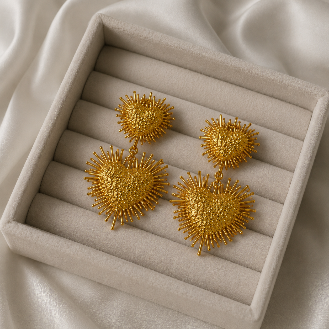 Radiant Heart Sunburst Drops – Textured Gold Plated Statement Earrings