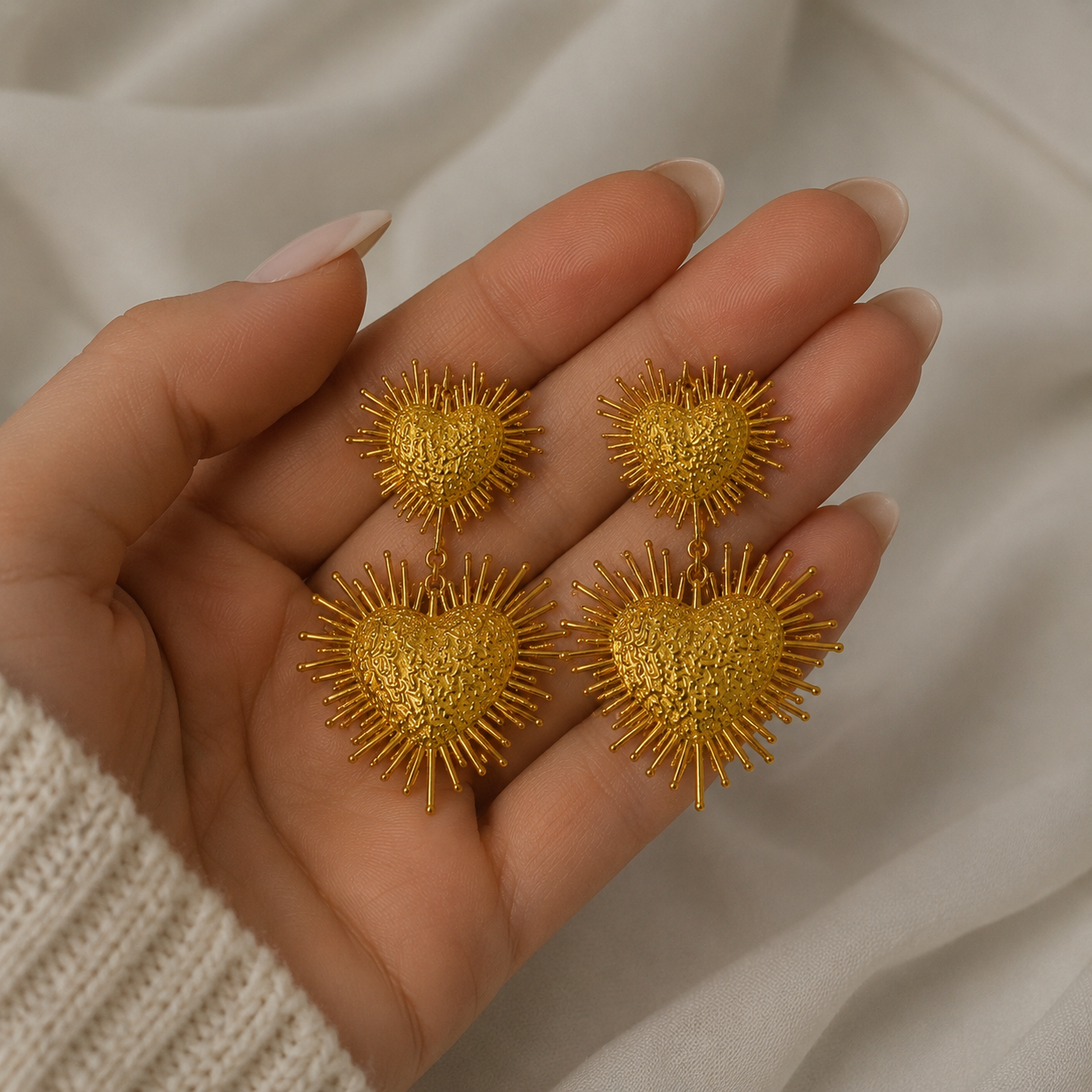 Radiant Heart Sunburst Drops – Textured Gold Plated Statement Earrings