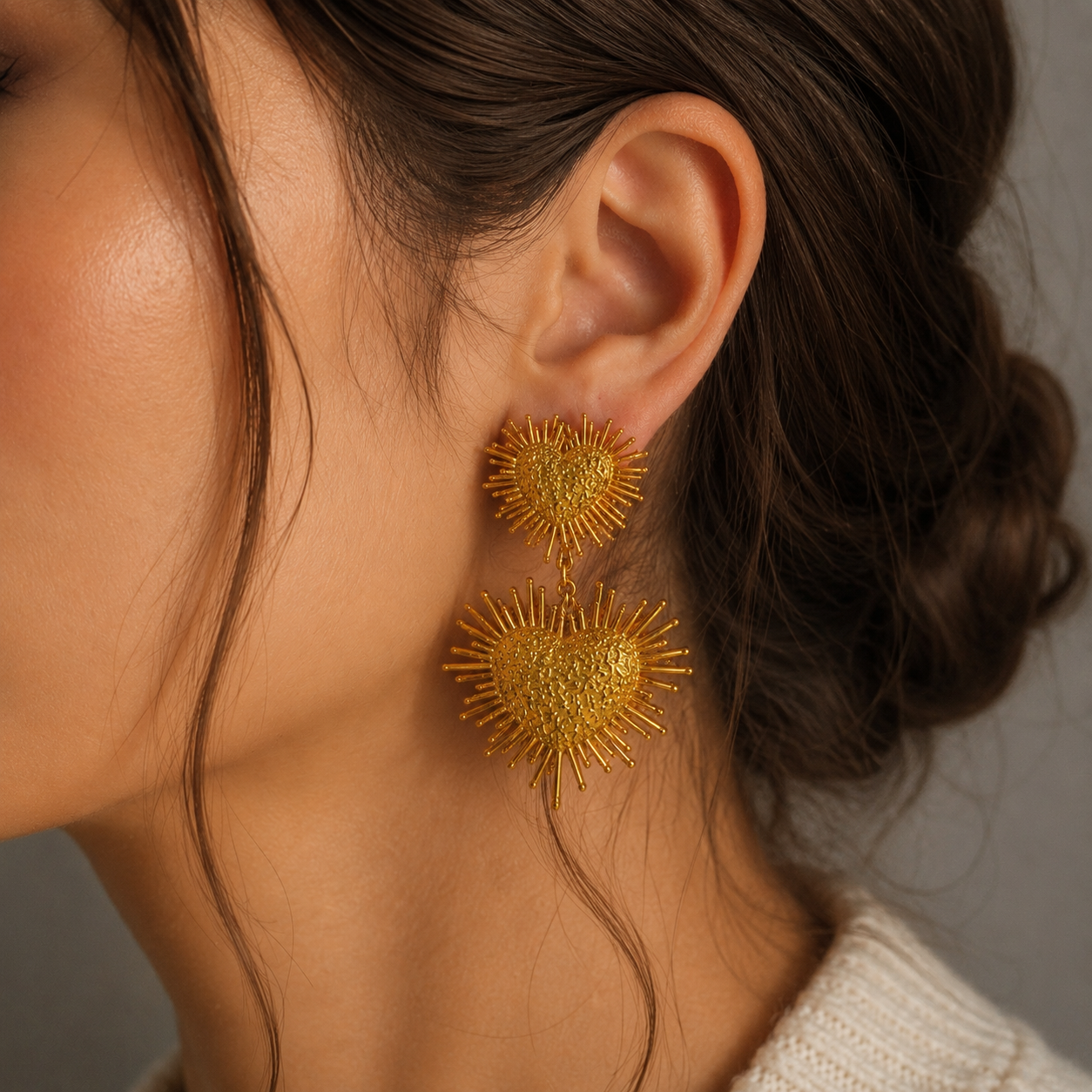 Radiant Heart Sunburst Drops – Textured Gold Plated Statement Earrings