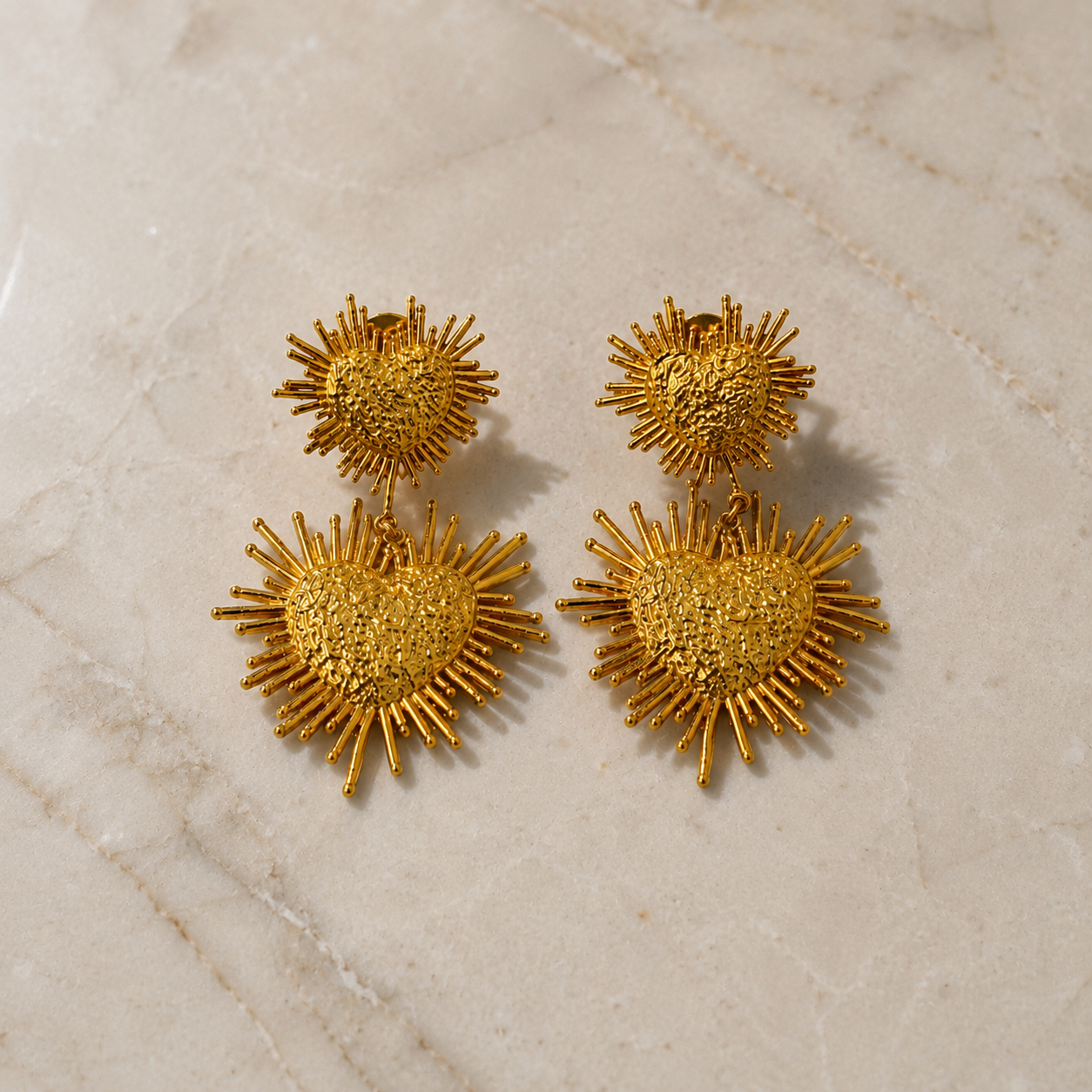 Radiant Heart Sunburst Drops – Textured Gold Plated Statement Earrings