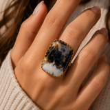 Dendritic Peak Cushion Ring –  Gold Plated Statement Cocktail Ring with Organic Scenic Moss Agate