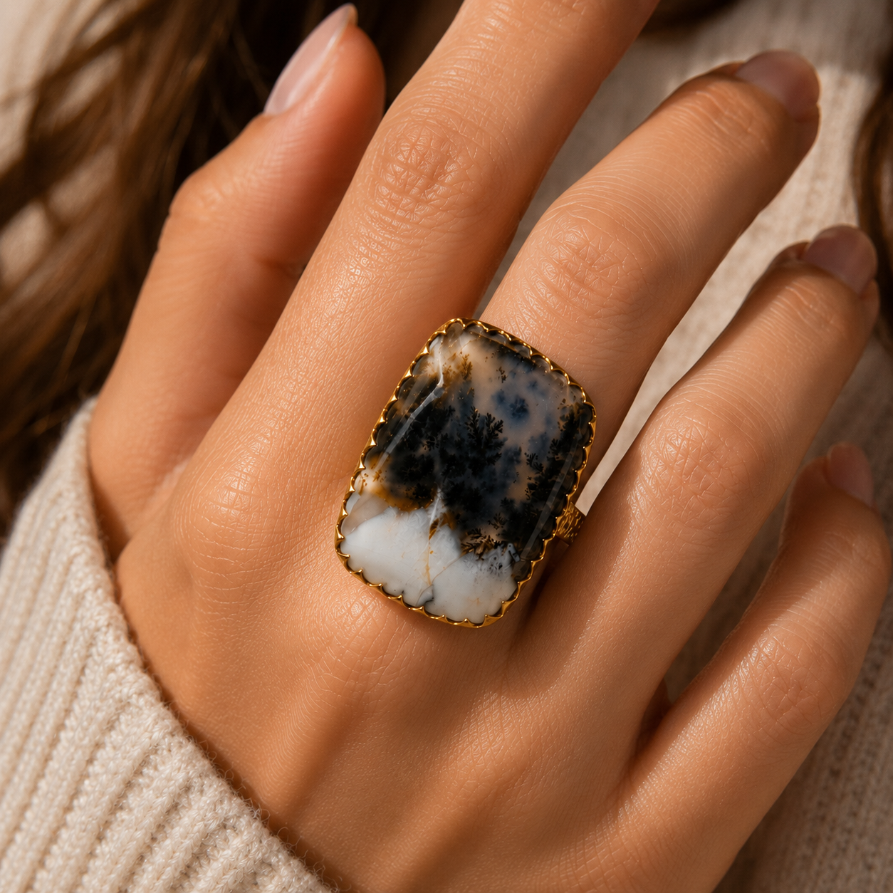 Dendritic Peak Cushion Ring –  Gold Plated Statement Cocktail Ring with Organic Scenic Moss Agate