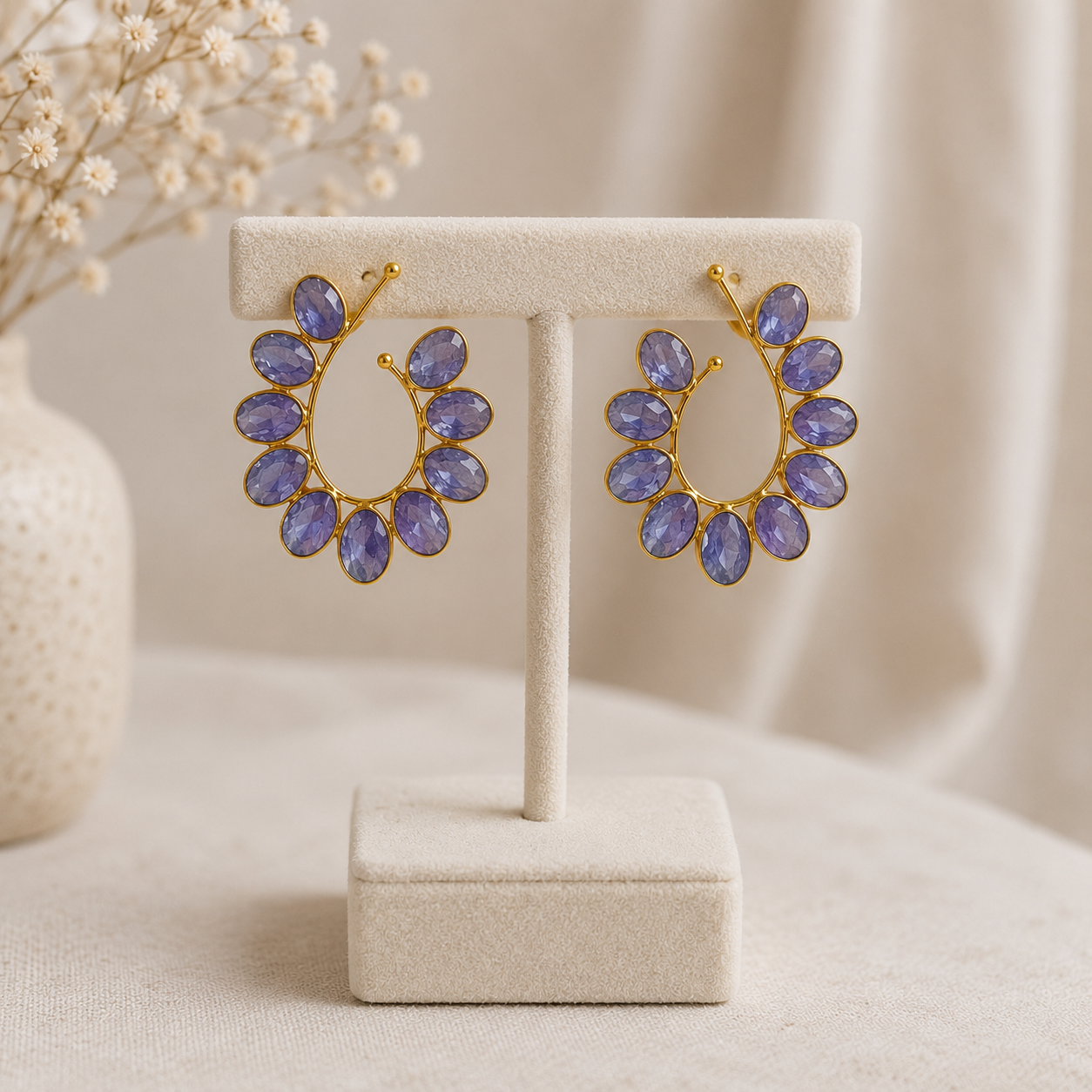 Product Title: Celestial Lavender Bloom Hoops – Gold Plated Periwinkle Crescent Drops