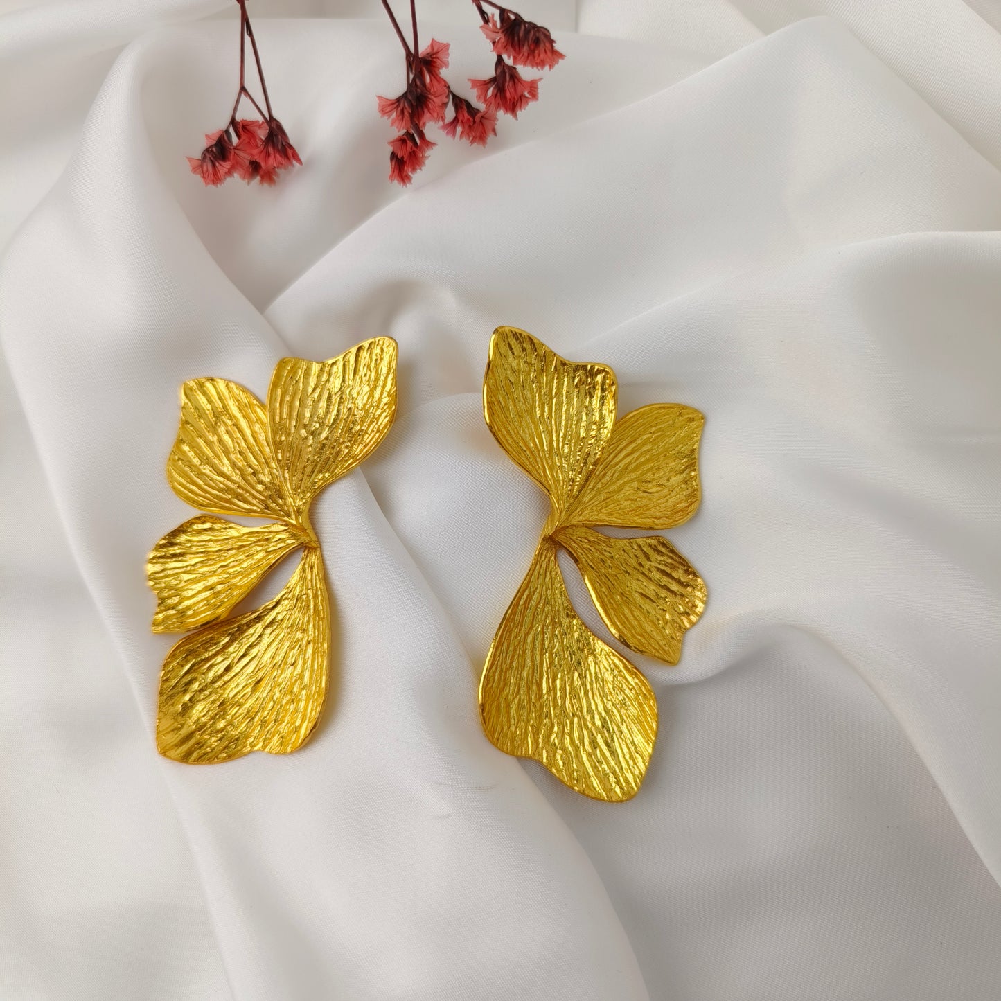 Golden Ginkgo Statement Wings – Textured Gold Plated Botanical Studs