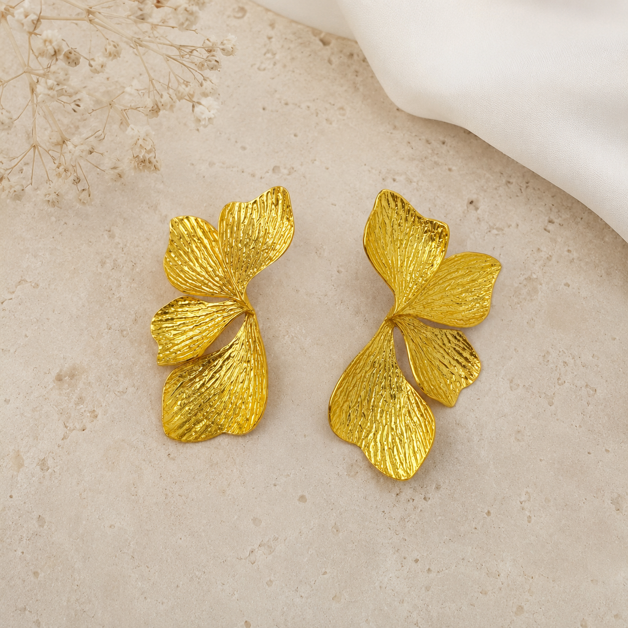 Golden Ginkgo Statement Wings – Textured Gold Plated Botanical Studs