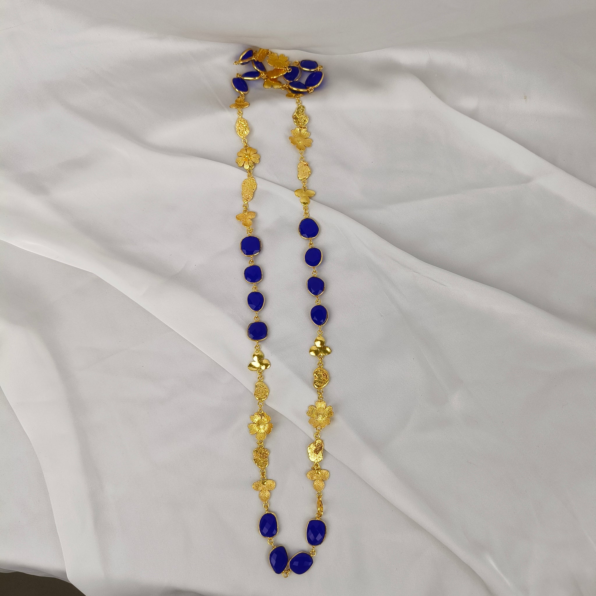 Lapis Floral Long Chain Necklace – Gold Plated Brass Botanical Link Station Necklace