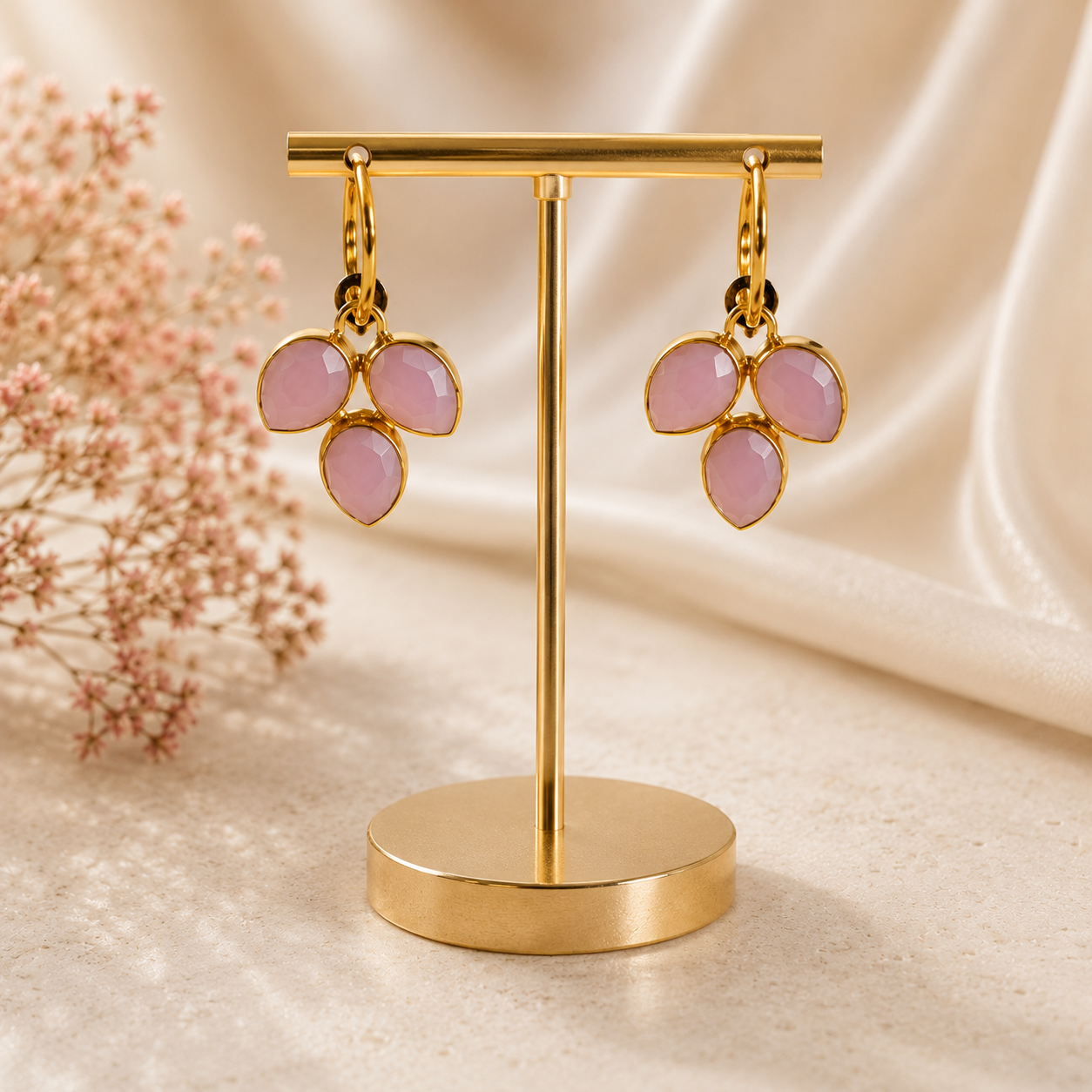 Blushing Clover Hoop Earrings – Faceted Gemstone Botanical Charms