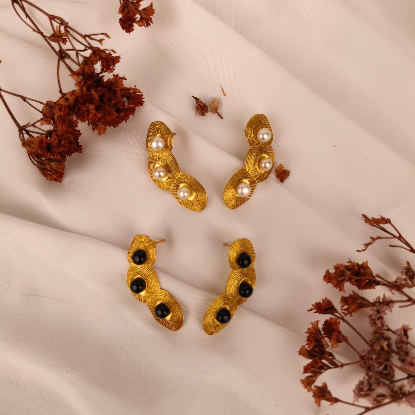 Luna Ripple Ear Climbers – Gold Plated Textured Coil & Pearl Earrings