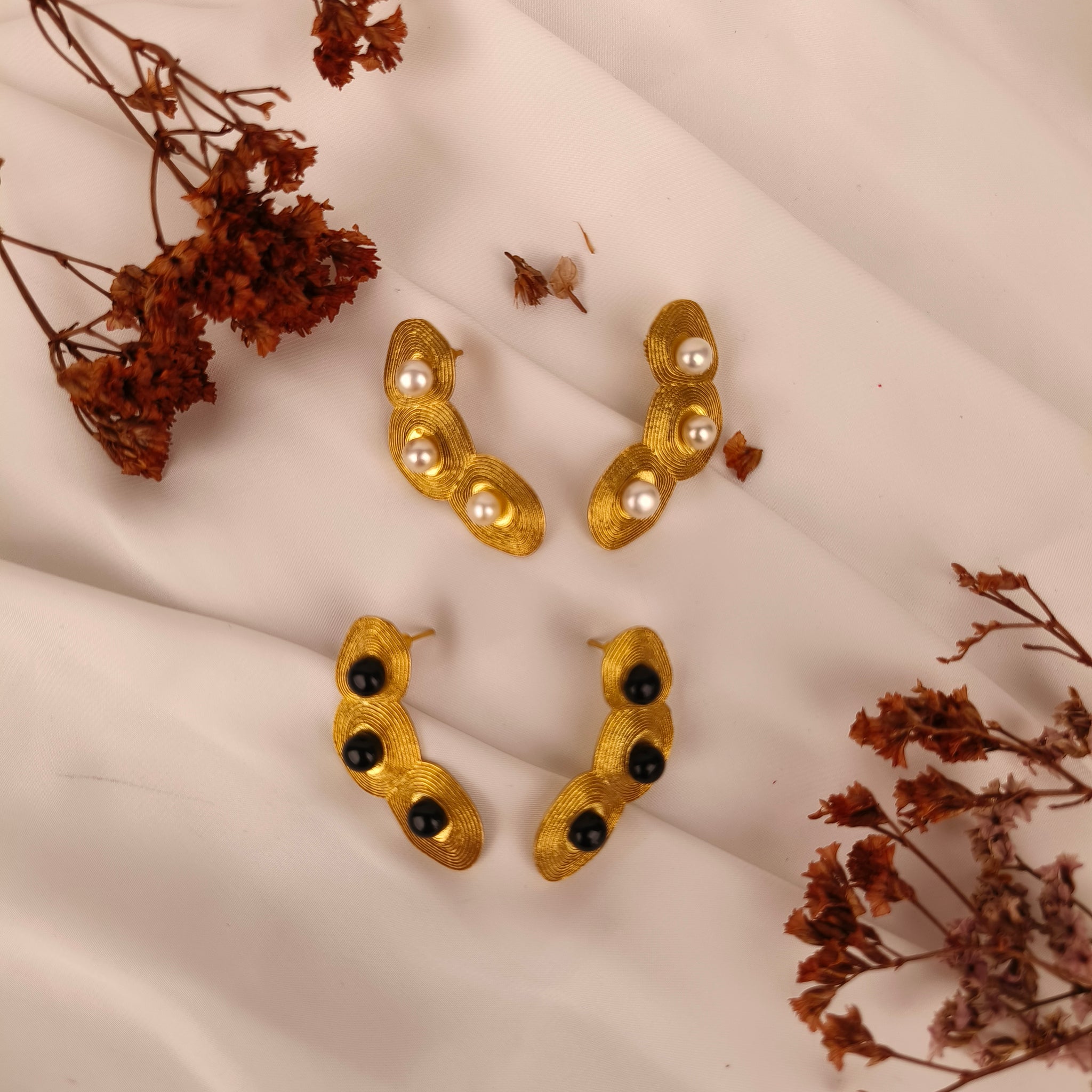 Luna Ripple Ear Climbers – Gold Plated Textured Coil & Pearl Earrings