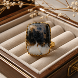 Dendritic Peak Cushion Ring –  Gold Plated Statement Cocktail Ring with Organic Scenic Moss Agate