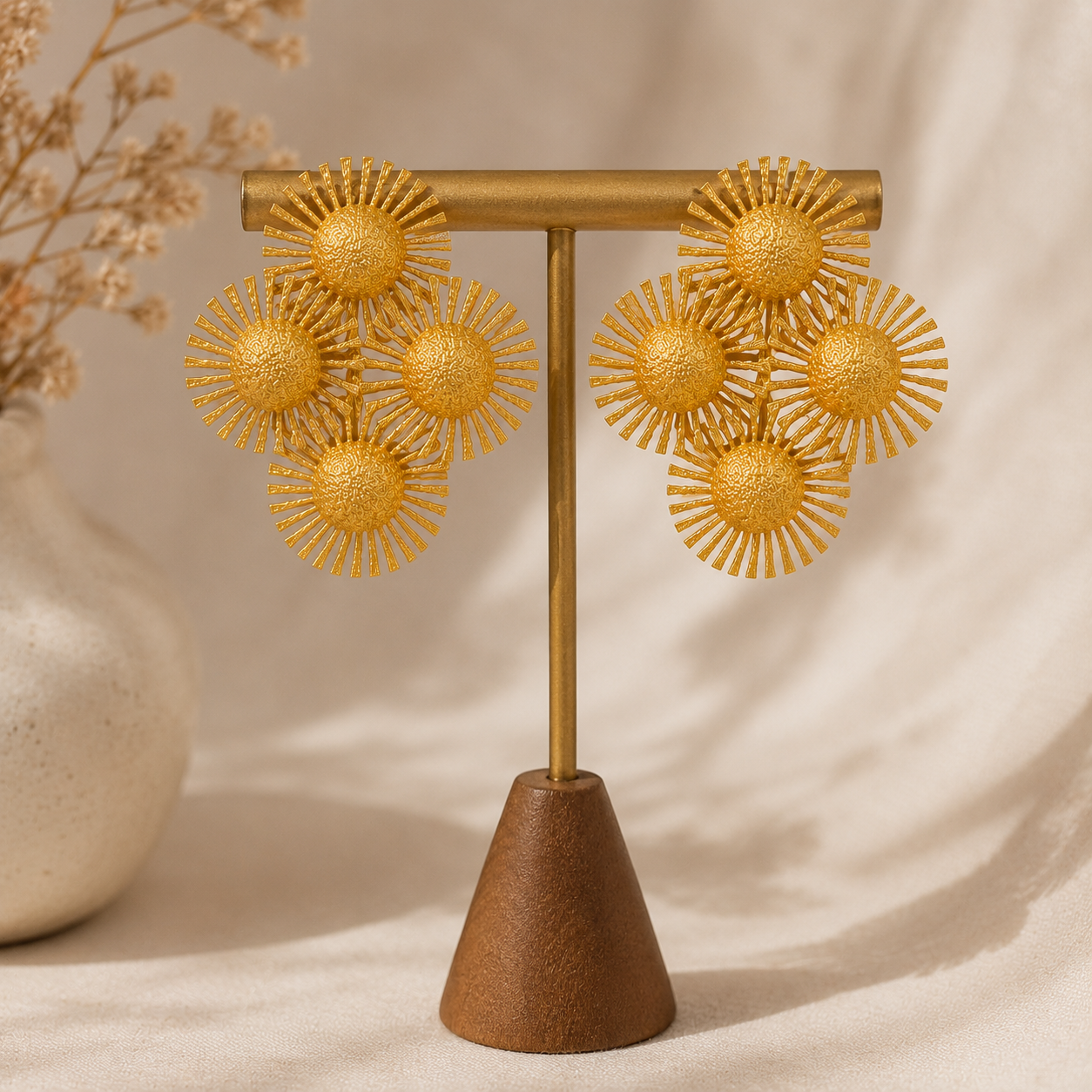 Celestial Galaxy Statement Studs – Textured Metallic Sunburst Cluster Earrings