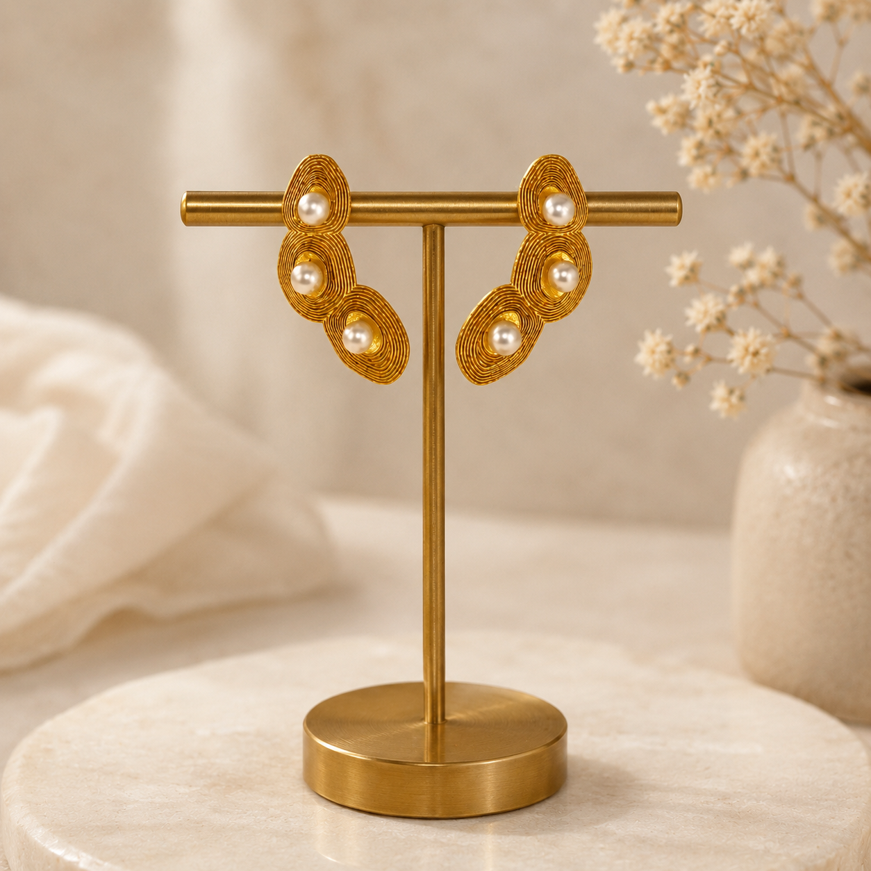 Luna Ripple Ear Climbers – Gold Plated Textured Coil & Pearl Earrings