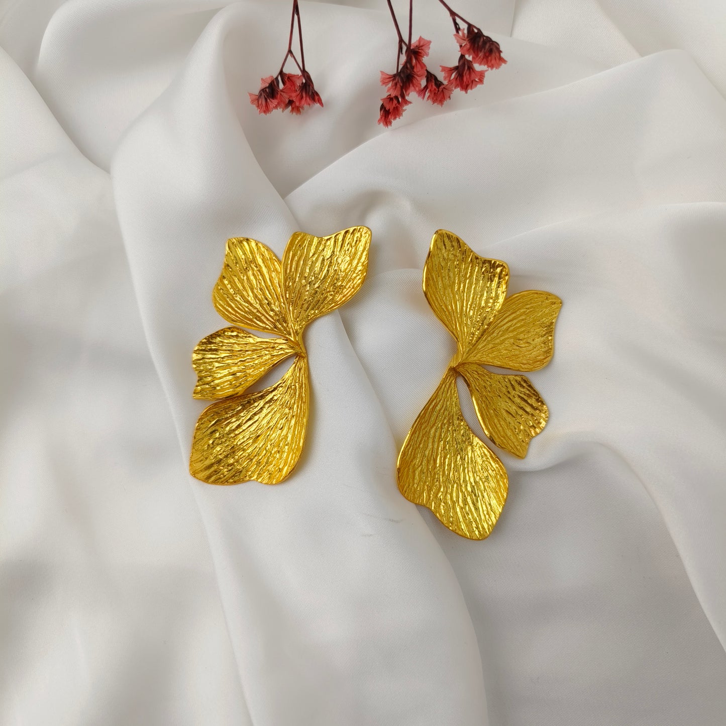 Golden Ginkgo Statement Wings – Textured Gold Plated Botanical Studs