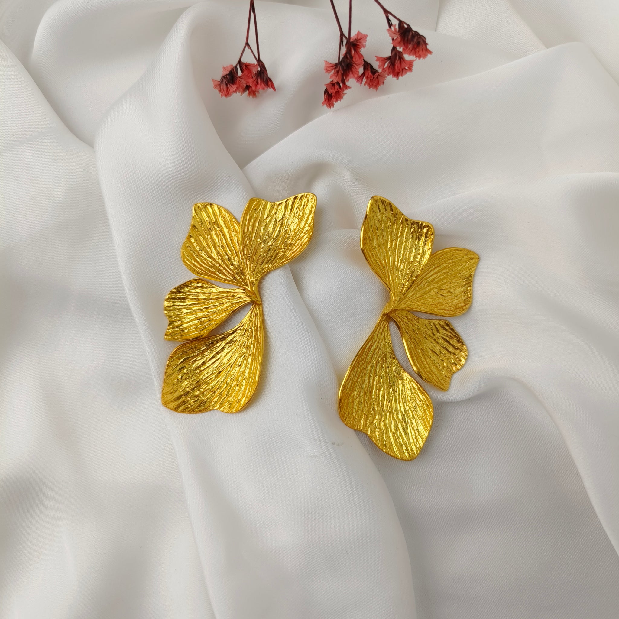 Golden Ginkgo Statement Wings – Textured Gold Plated Botanical Studs