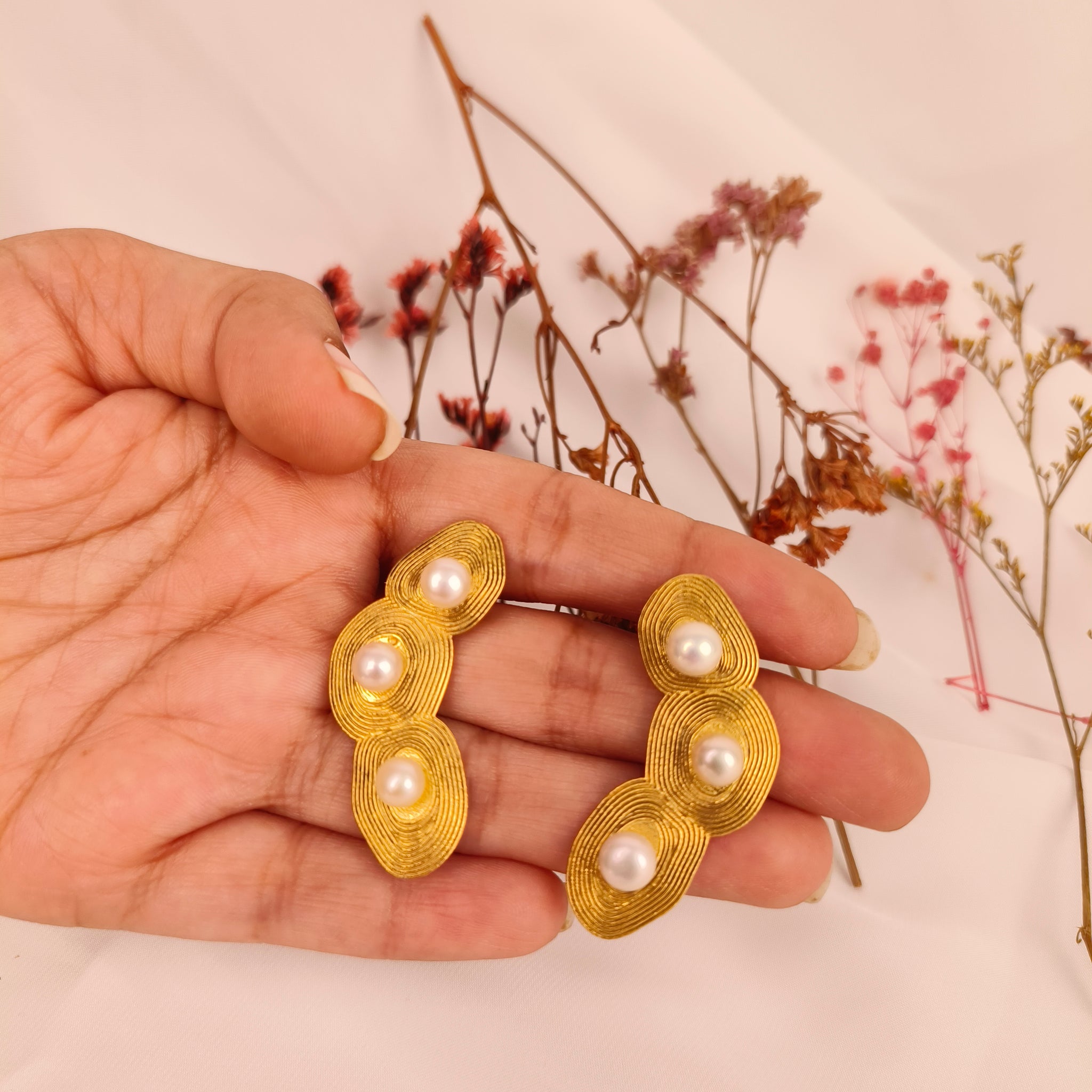 Luna Ripple Ear Climbers – Gold Plated Textured Coil & Pearl Earrings