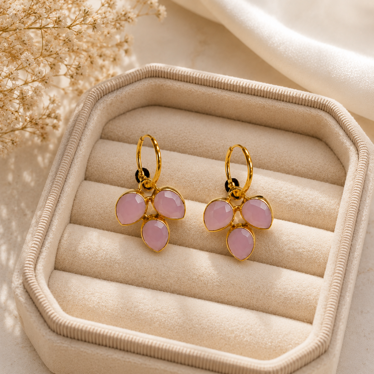 Blushing Clover Hoop Earrings – Faceted Gemstone Botanical Charms