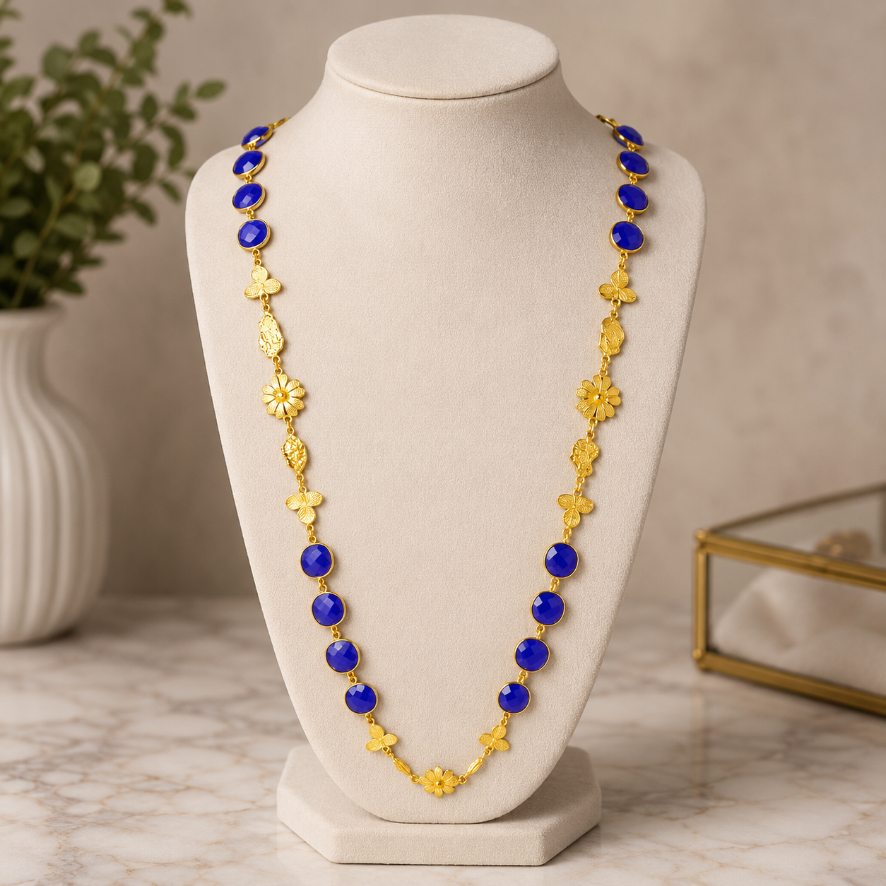 Lapis Floral Long Chain Necklace – Gold Plated Brass Botanical Link Station Necklace