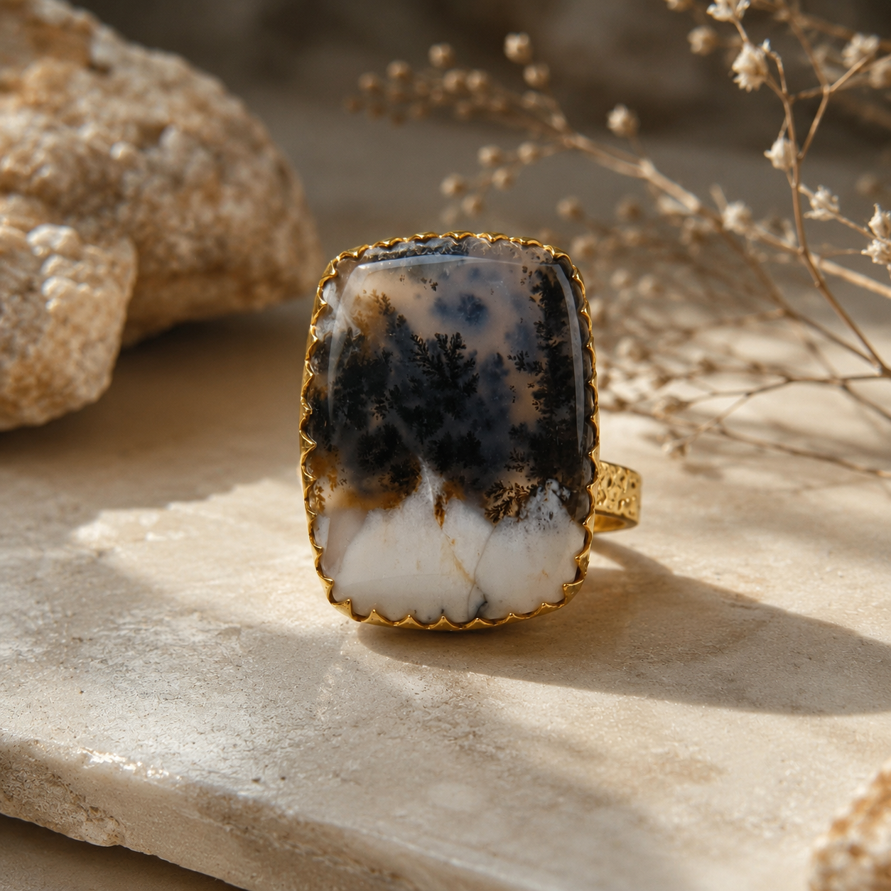 Dendritic Peak Cushion Ring –  Gold Plated Statement Cocktail Ring with Organic Scenic Moss Agate