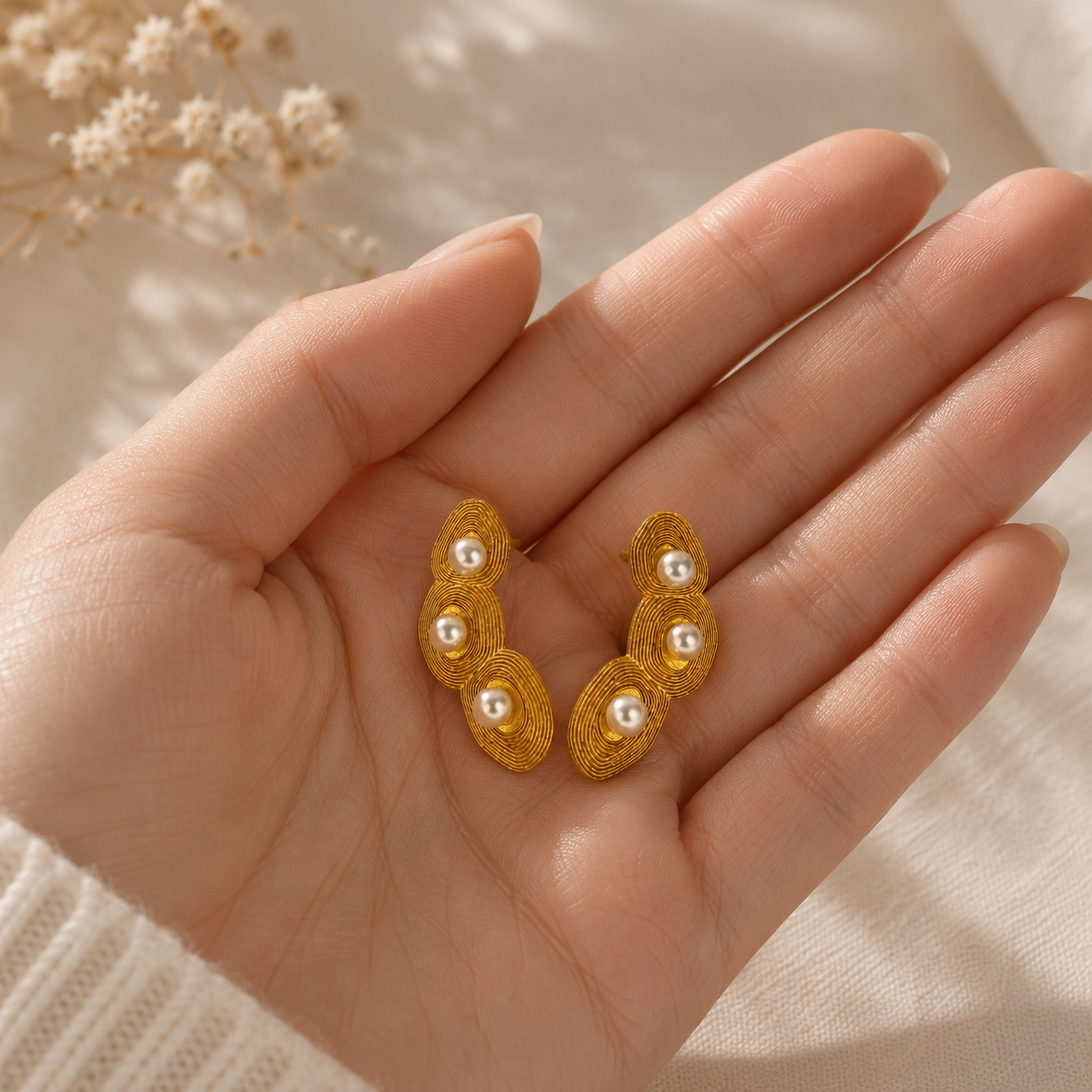 Luna Ripple Ear Climbers – Gold Plated Textured Coil & Pearl Earrings