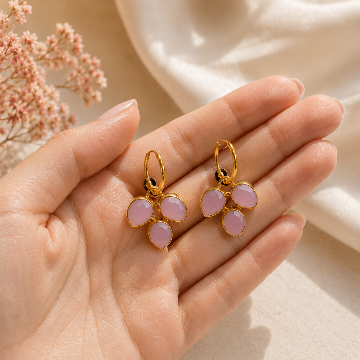 Blushing Clover Hoop Earrings – Faceted Gemstone Botanical Charms
