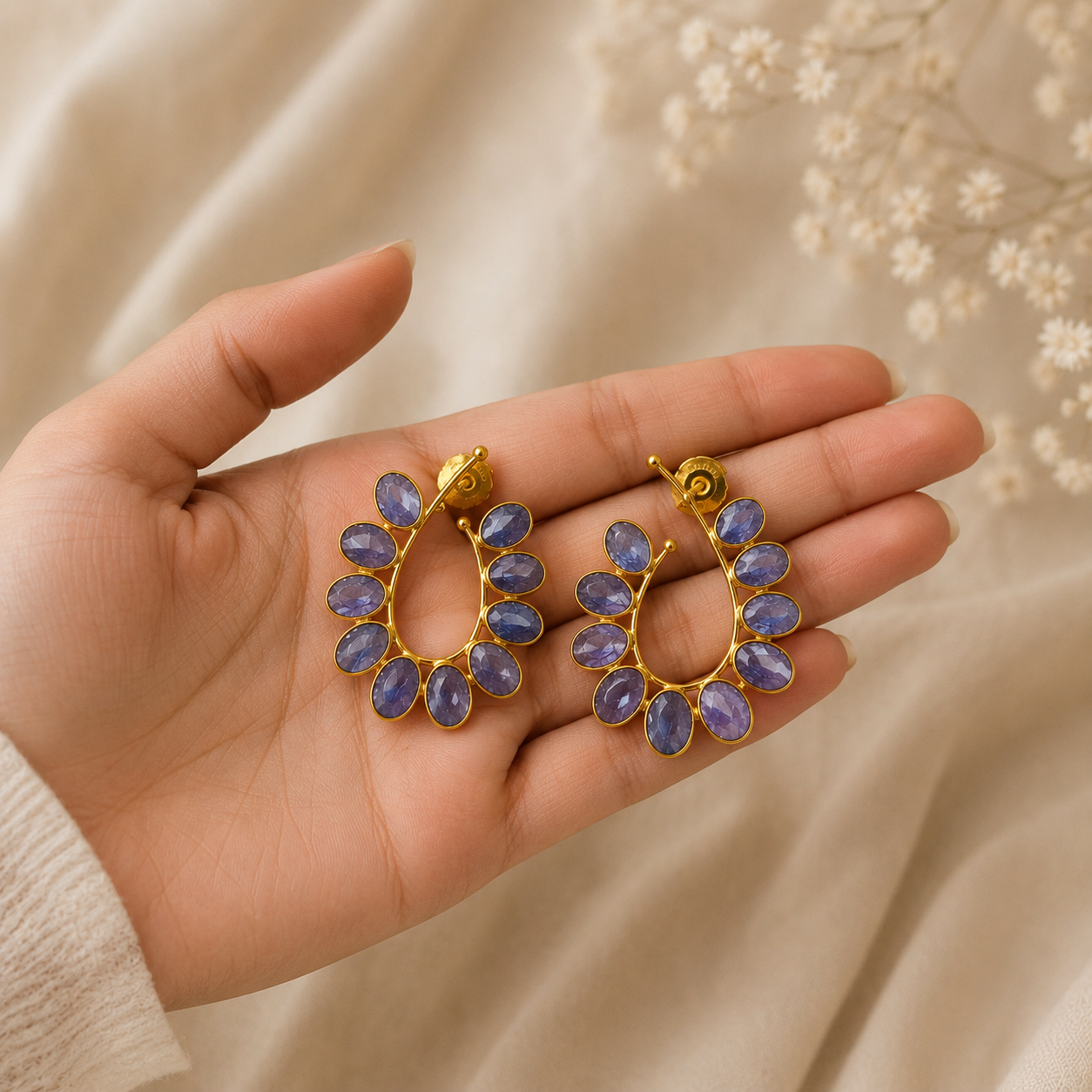 Product Title: Celestial Lavender Bloom Hoops – Gold Plated Periwinkle Crescent Drops