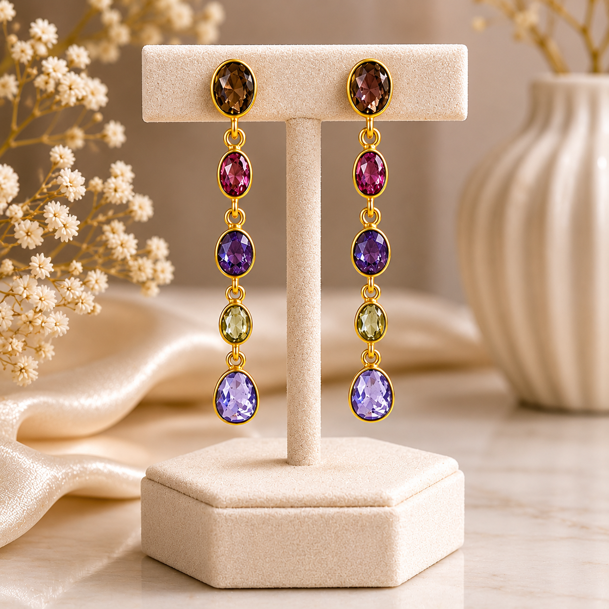 Autumn Orchard Multi-Stone Dangles – 18K Gold Plated Linear Cascade Earrings