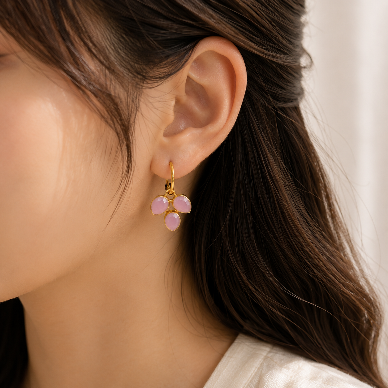 Blushing Clover Hoop Earrings – Faceted Gemstone Botanical Charms