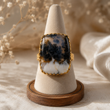 Dendritic Peak Cushion Ring –  Gold Plated Statement Cocktail Ring with Organic Scenic Moss Agate